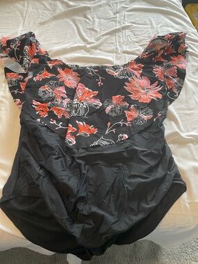 Black Floral One-Piece Swimsuit with Pink & Coral Blooms